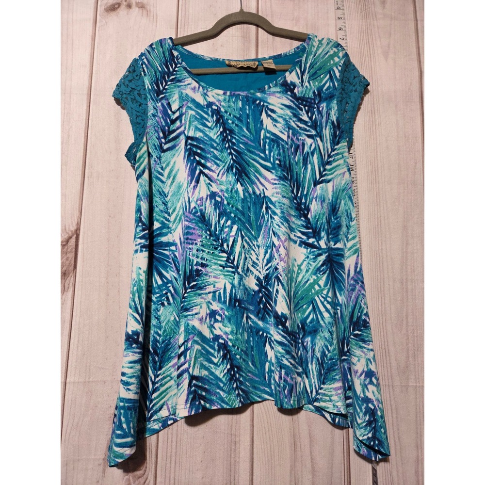 Life Style Palm Leaf Print Lace‎ Trim Tunic Top Women's XL Teal Blue